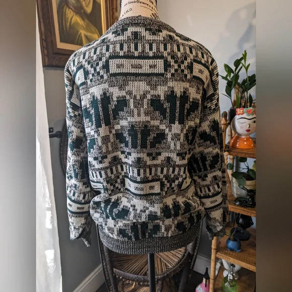 1990s Vintage Unisex Grey Green Geometric Sweater Size Medium - Picture 3 of 7